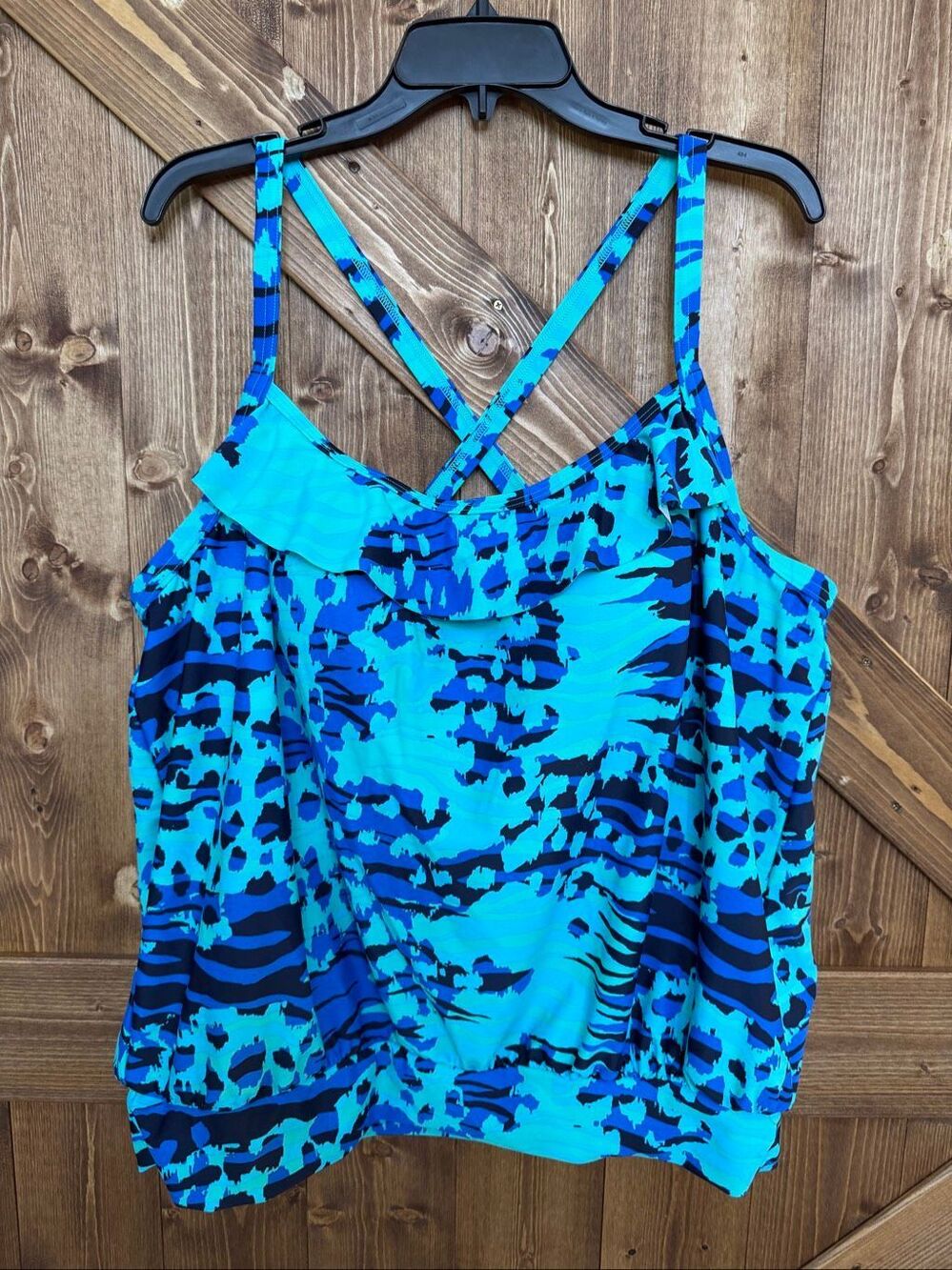 Cocos Swim Women’s Size 22 Blue Print Ruffle Tankini Swim Top NWT (9153)